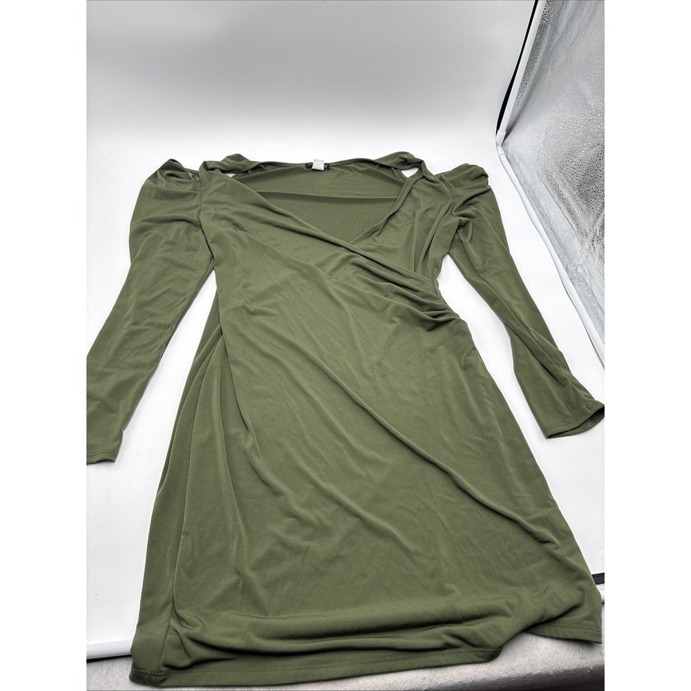 Venus Womens Tunic Style Mini Dress Size Large Solid Green Polyester Long Sleeve